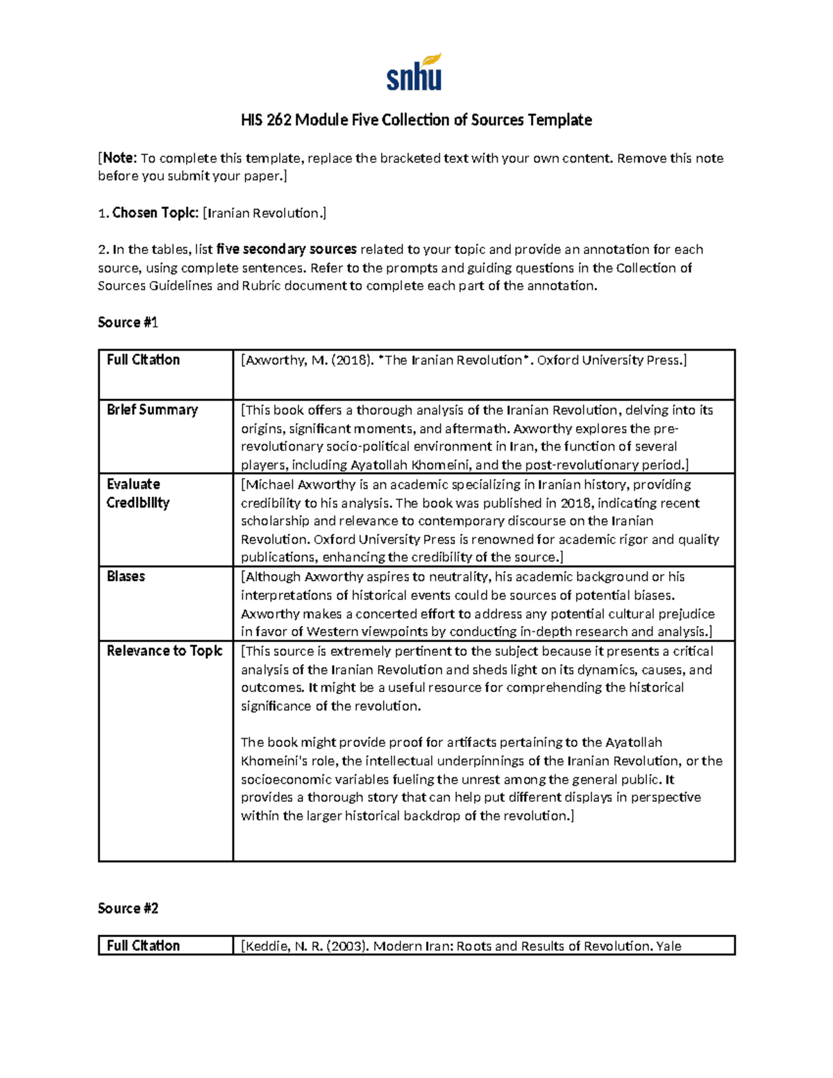 HIS 262 Module Five Collection of Sources Template - Remove this note ...
