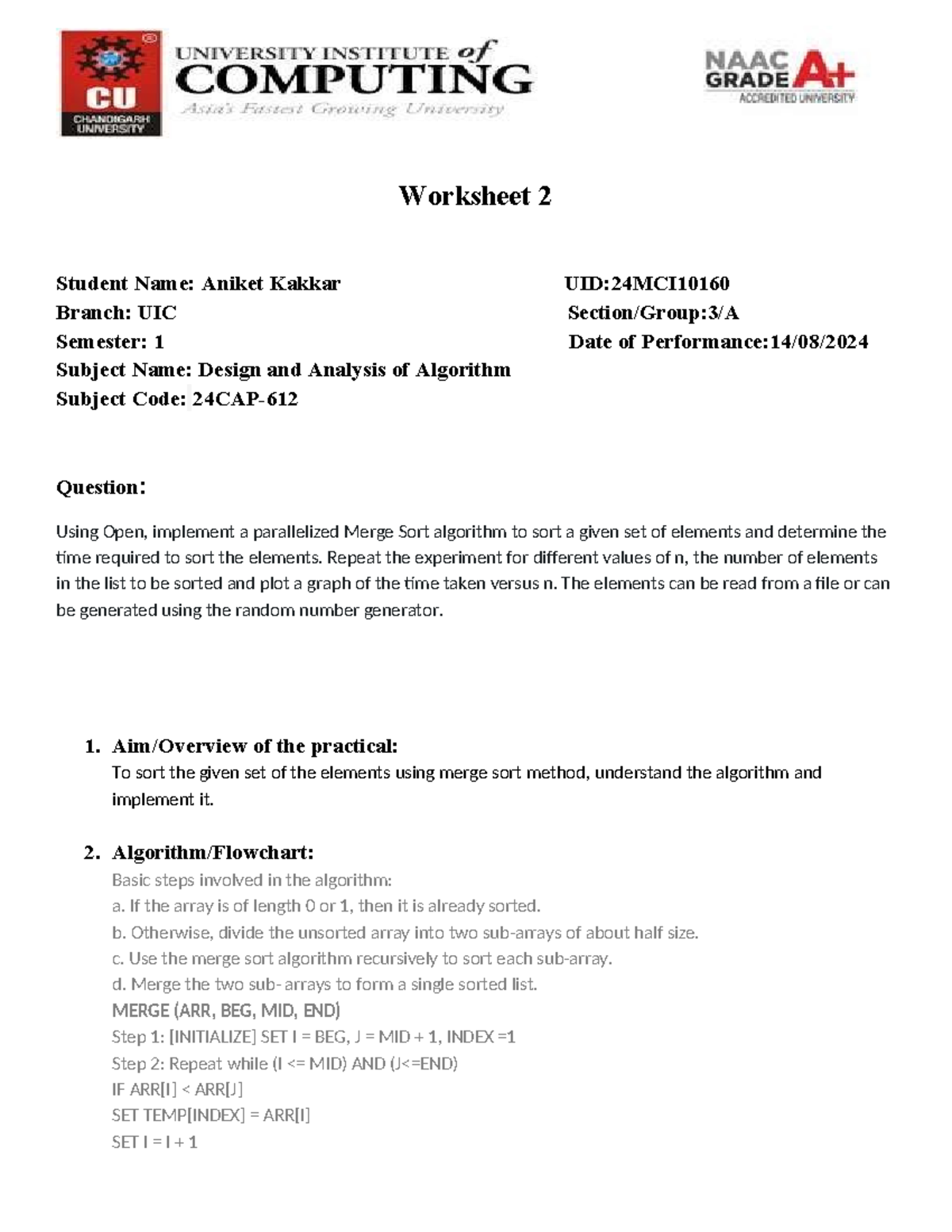 DAA2 - worksheet - Worksheet 2 Student Name: Aniket Kakkar UID:24MCI ...