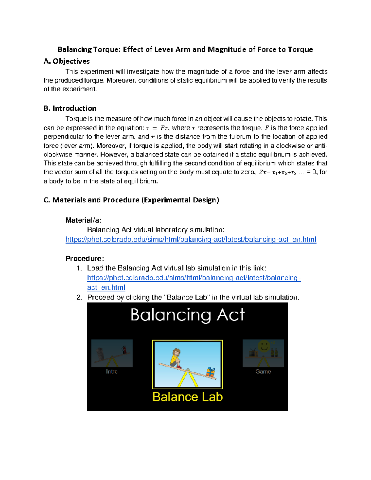 Experimental Design for Balancing Torque - BS Medical Laboratory ...