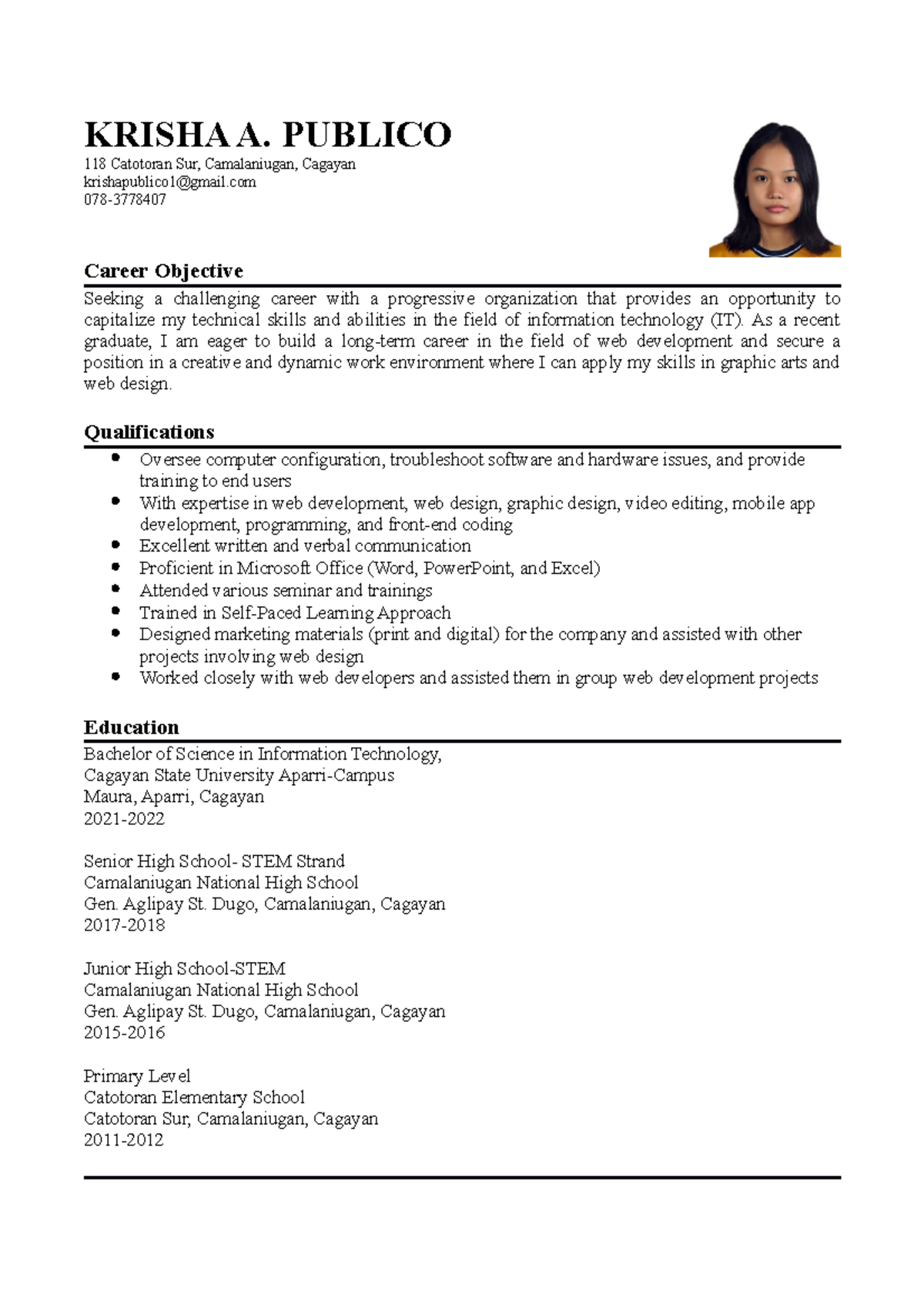 Publico Krisha Resume 1 - KRISHA A. PUBLICO 118 Catotoran Sur ...