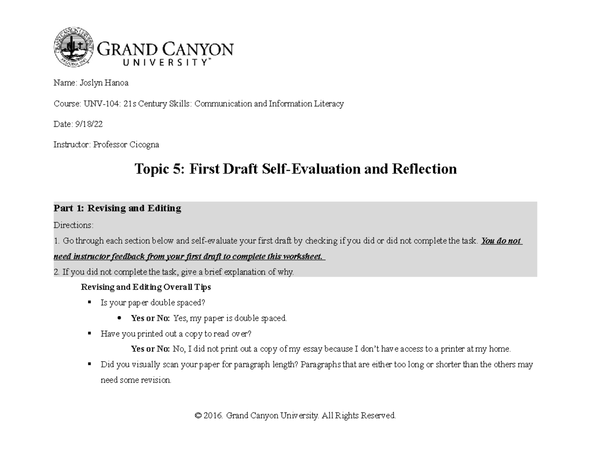 Joslyn Hanoa - First Draft Self Evaluation and Reflection - Name ...