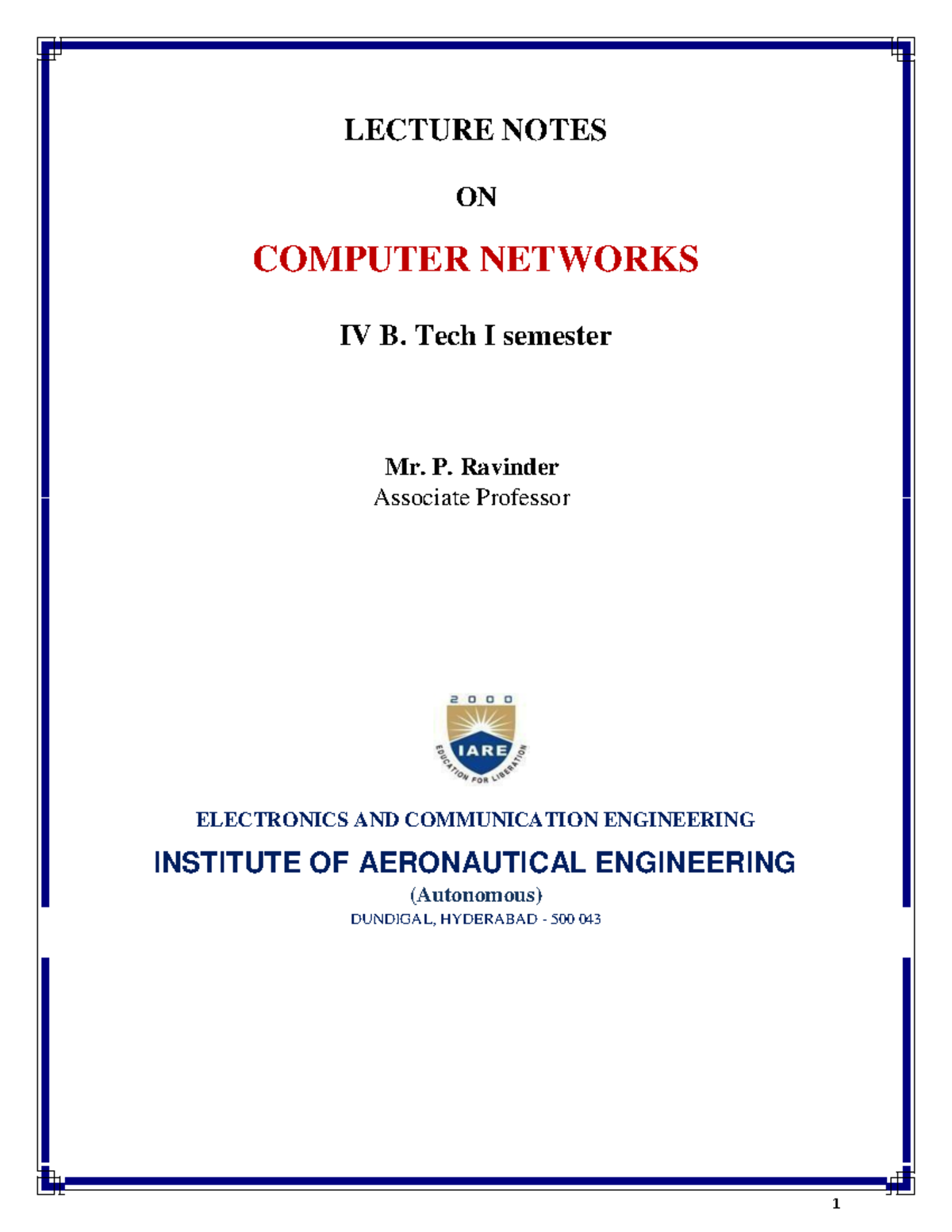 CN Lecture Notes - LECTURE NOTES ON COMPUTER NETWORKS IV B. Tech I ...