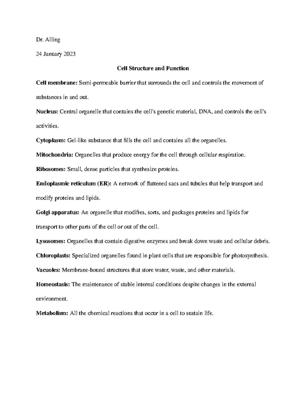 Cell Structure And Function Chapter 3 Dr Alling 24 January 2023 Cell Cell Structure And Function Chapter 3 Dr Alling 24 January 2023 Cell