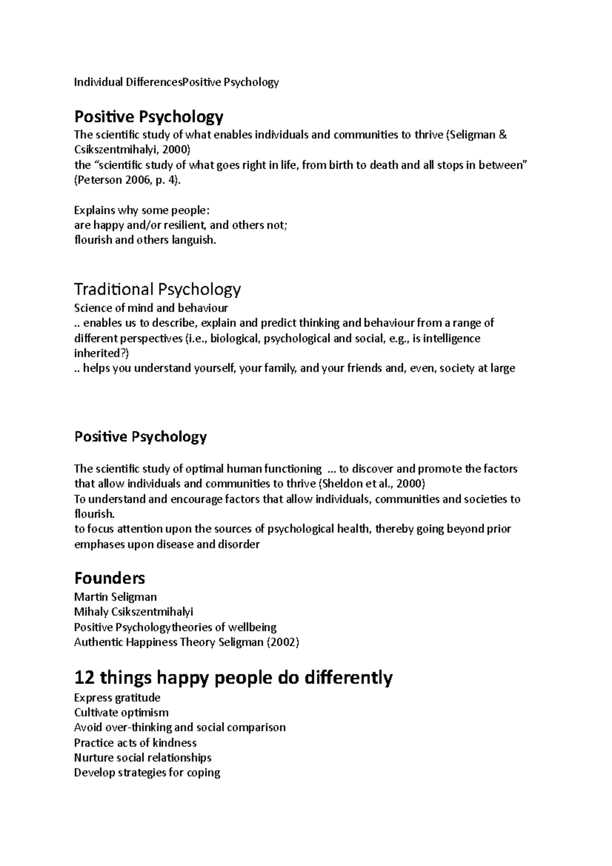 Individual Differences in Positive Psychology Studocu