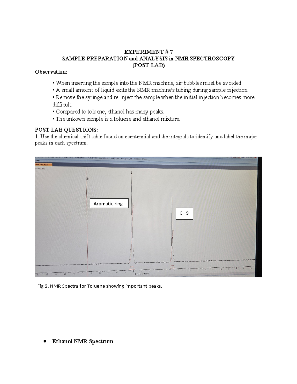 nmr post laboratory EXPERIMENT 7 SAMPLE PREPARATION and ANALYSIS in
