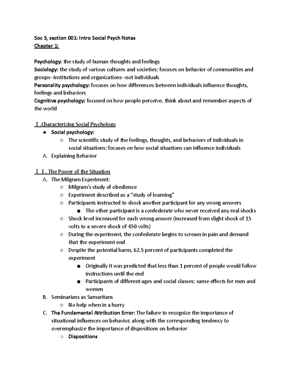 Soc 3 Exam One Notes - Soc 3, section 001: Intro Social Psych Notes ...