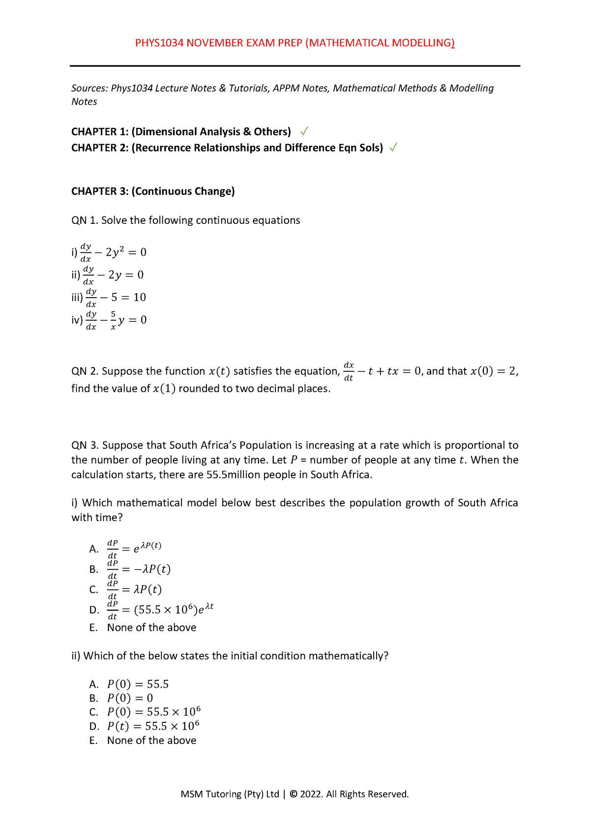 Mathematical Modelling Nov Prep - Sources: Phys1034 Lecture Notes ...