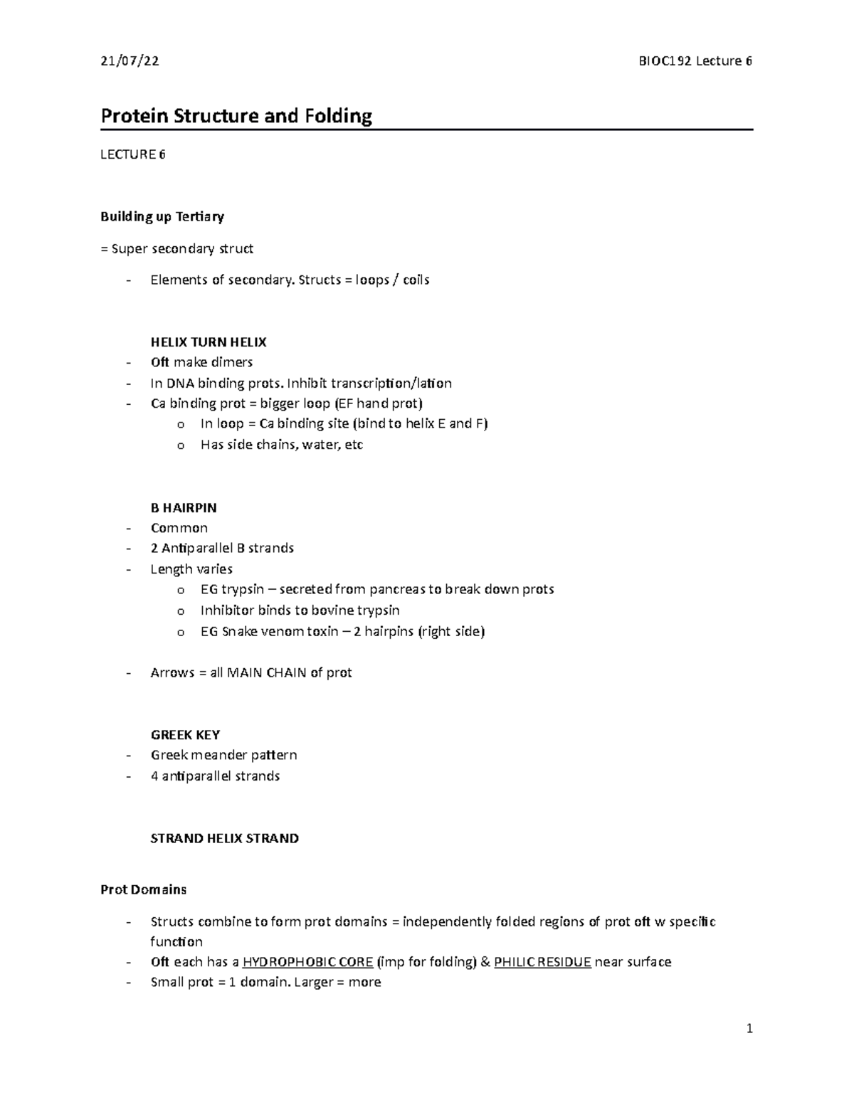 BIOC L6 - lecture 6 notes - Protein Structure and Folding LECTURE 6 ...