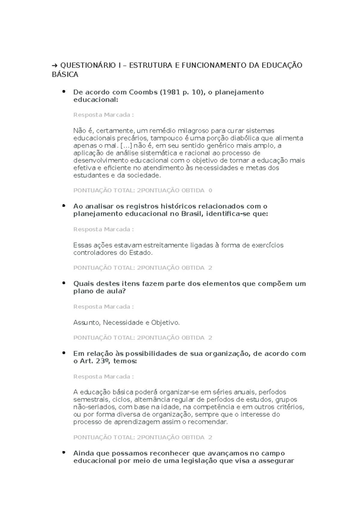 Questionário I – Estrutura E Funcionamento DA Educação Básica ...