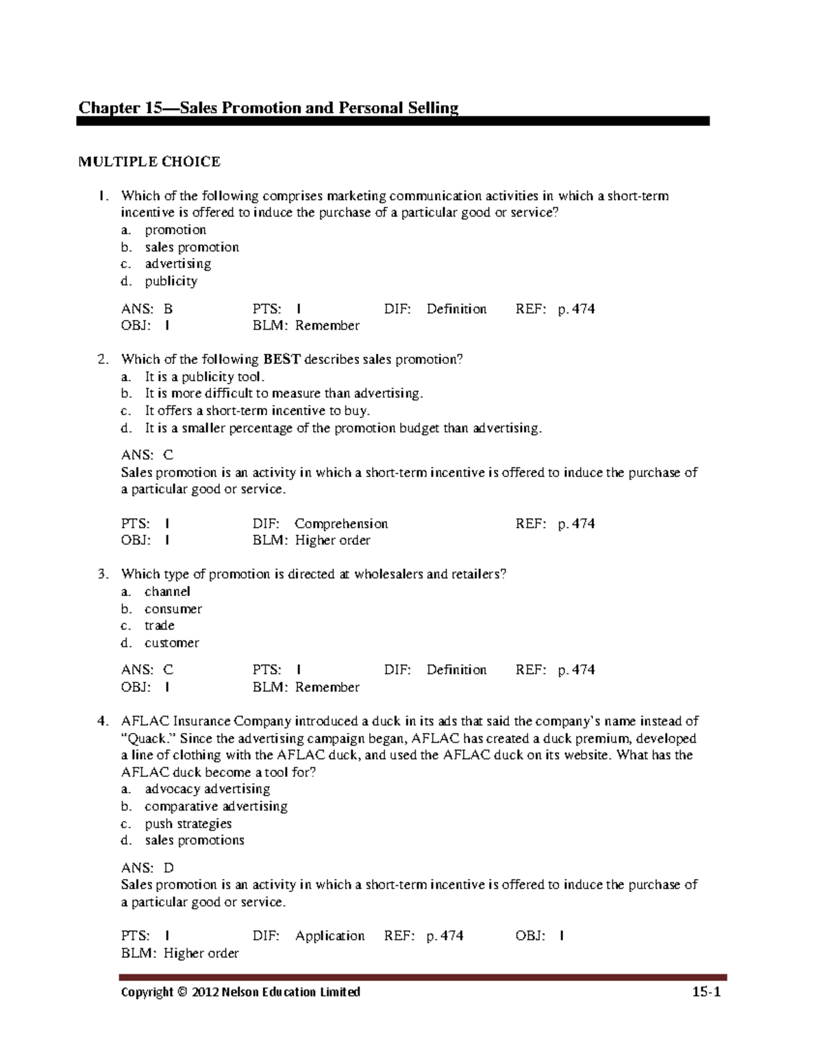 Chapter 15 practice exam (marketing) - Chapter 15—Sales Promotion and ...