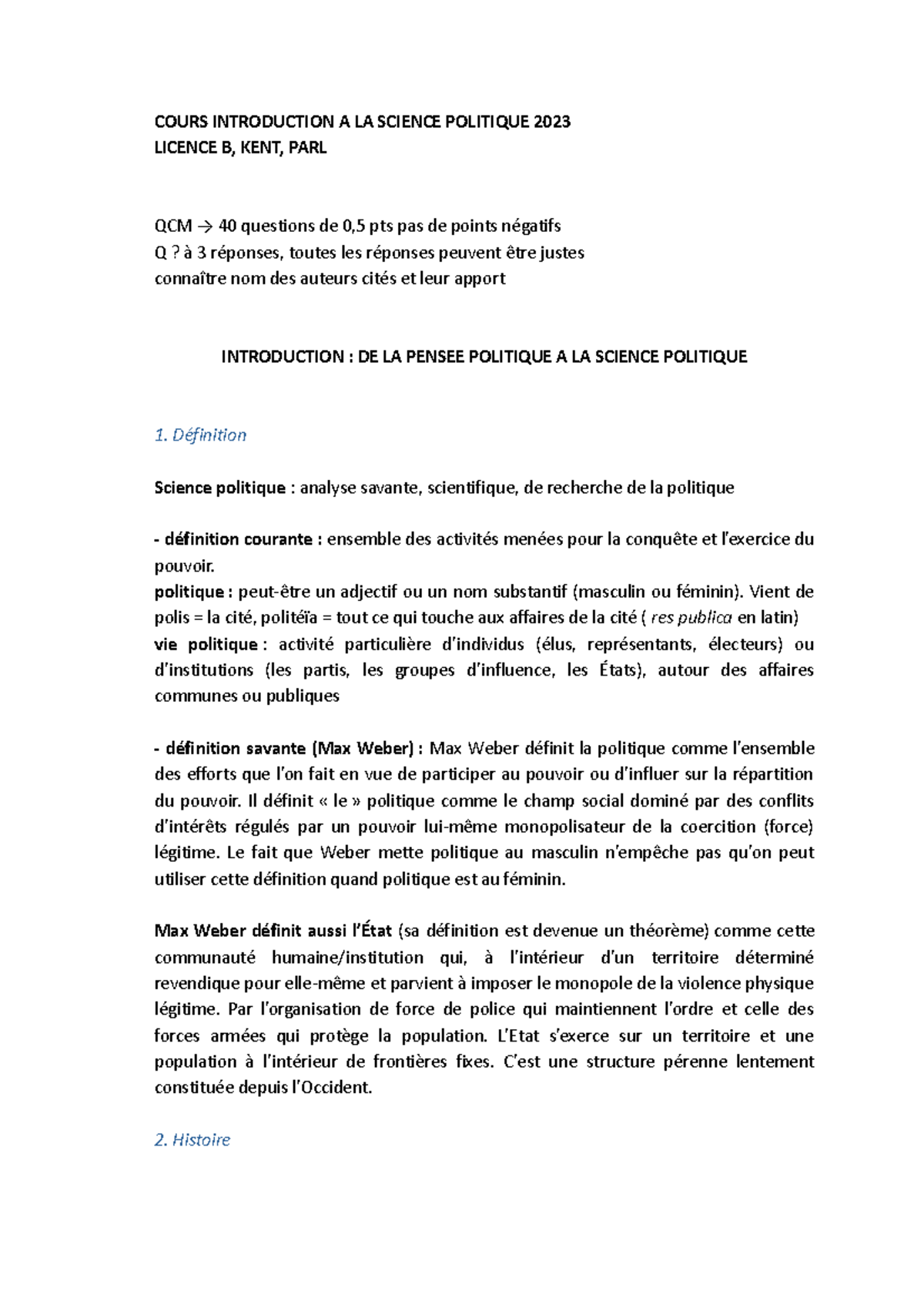 Cours introduction - COURS INTRODUCTION A LA SCIENCE POLITIQUE 2023 ...