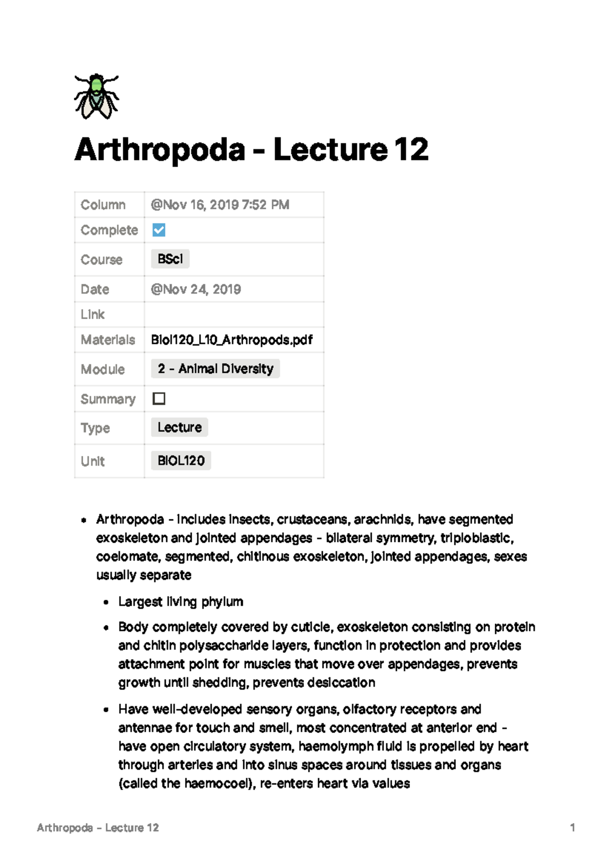 Arthropoda - Lecture 12 - Studocu