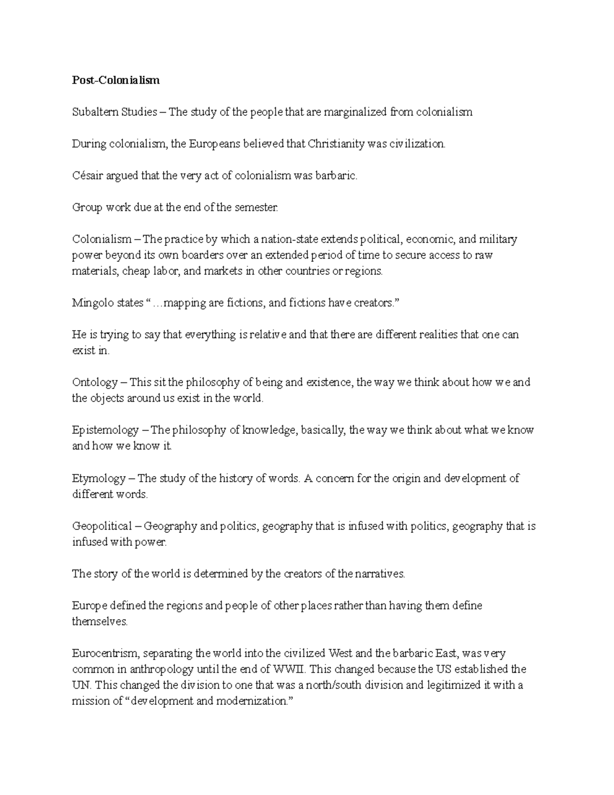 ANTH 201 Post-Colonialism - Post-Colonialism Subaltern Studies – The ...