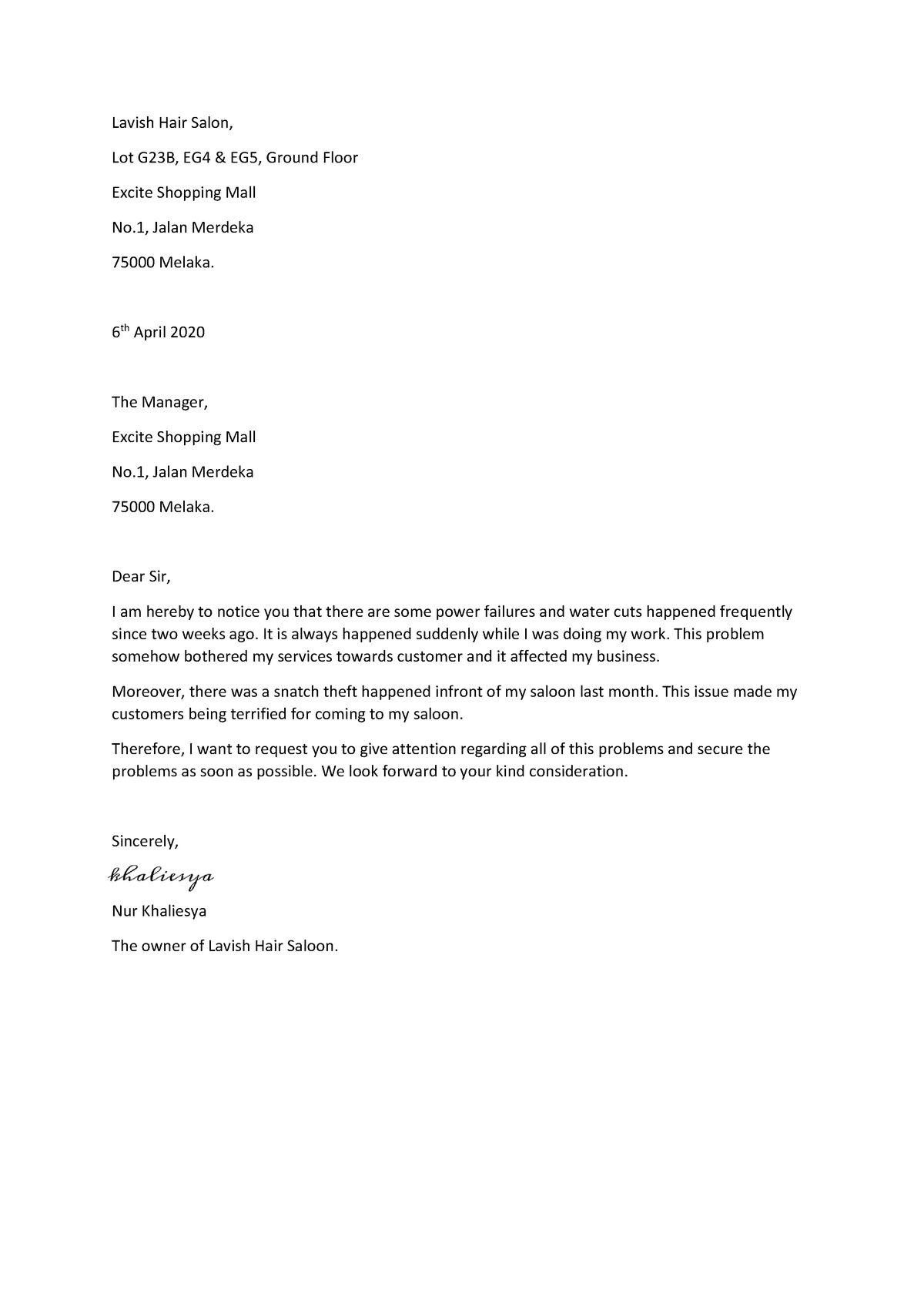 BUSINESS LETTER/ COVER LETTER MGT 269 - Lavish Hair Salon, Lot G23B ...