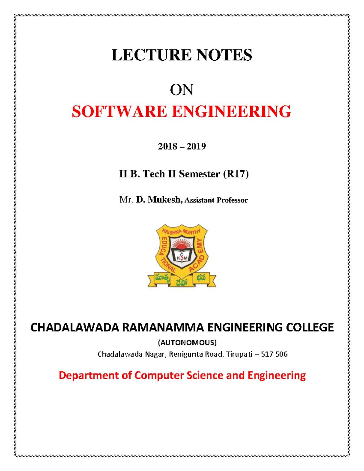 Software Engineering Notes 1 - LECTURE NOTES ON SOFTWARE ENGINEERING ...