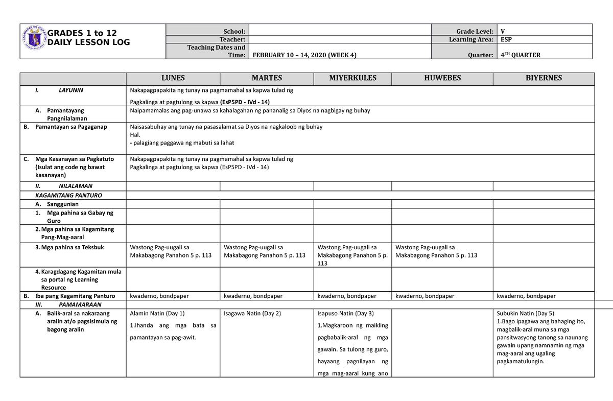 Grade 5 DLL ESP 5 Q4 Week 4 - GRADES 1 To 12 DAILY LESSON LOG School ...