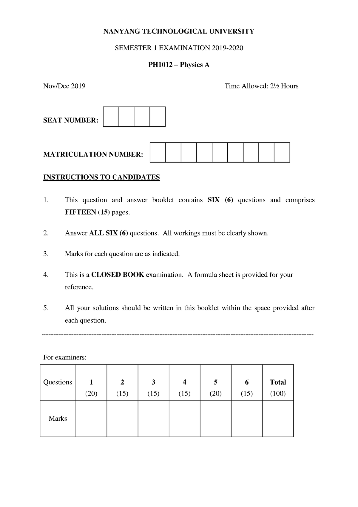 2019 S1 Ph1012 Exam - Jkjo - Nanyang Technological University Semester 