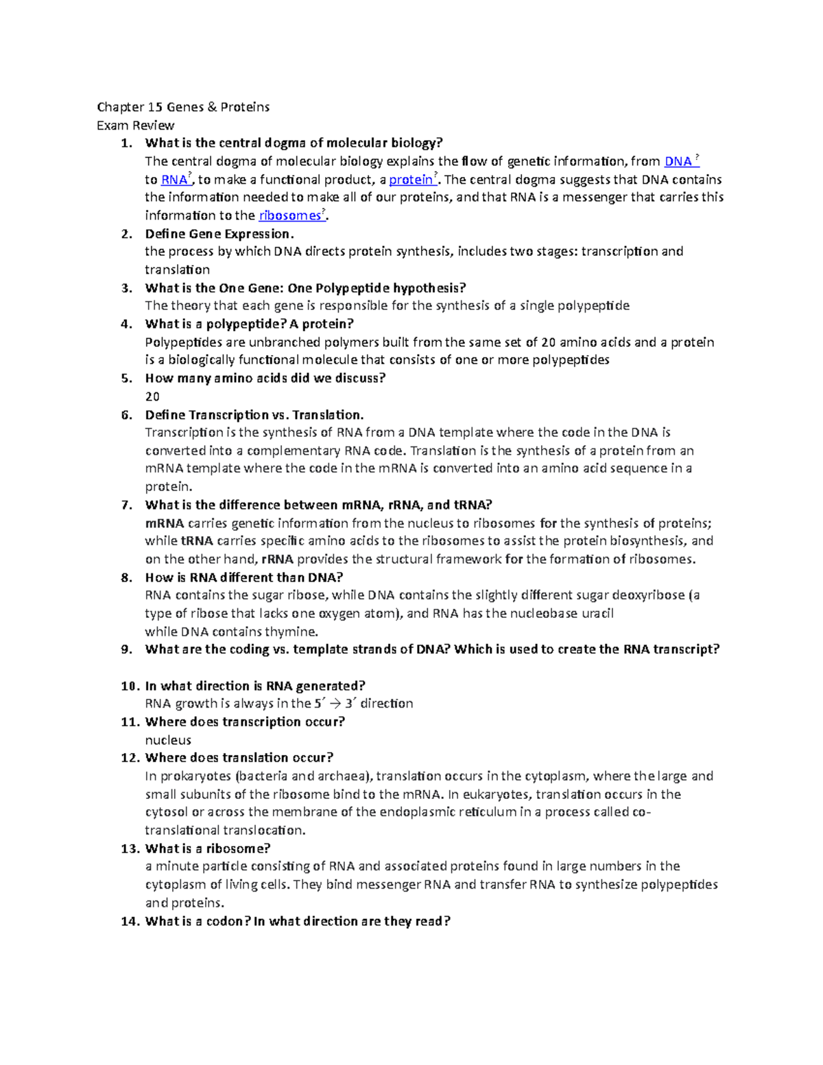 Chapter 15 Exam Review - Chapter 15 Genes & Proteins Exam Review 1 ...