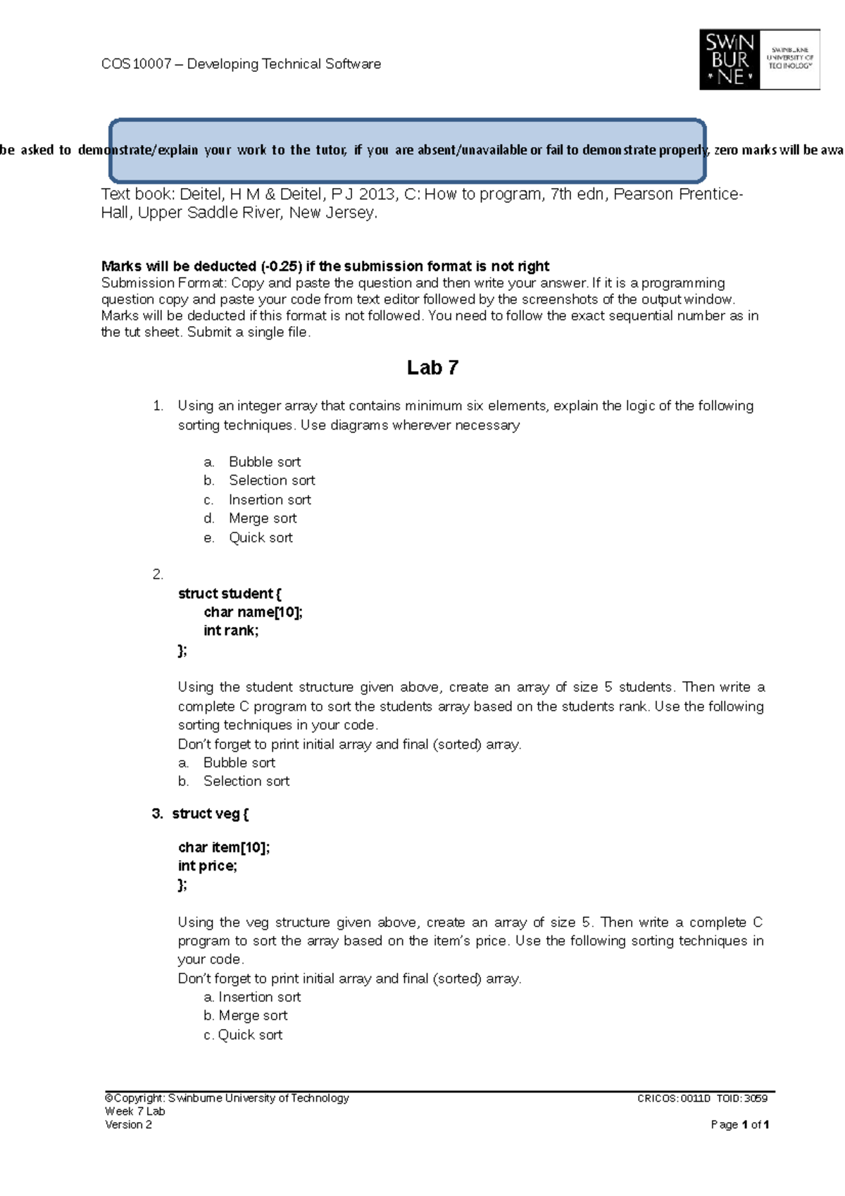 COS10007 Lab Week 7-1 - daily quiz - asked to demonstrate/explain your ...