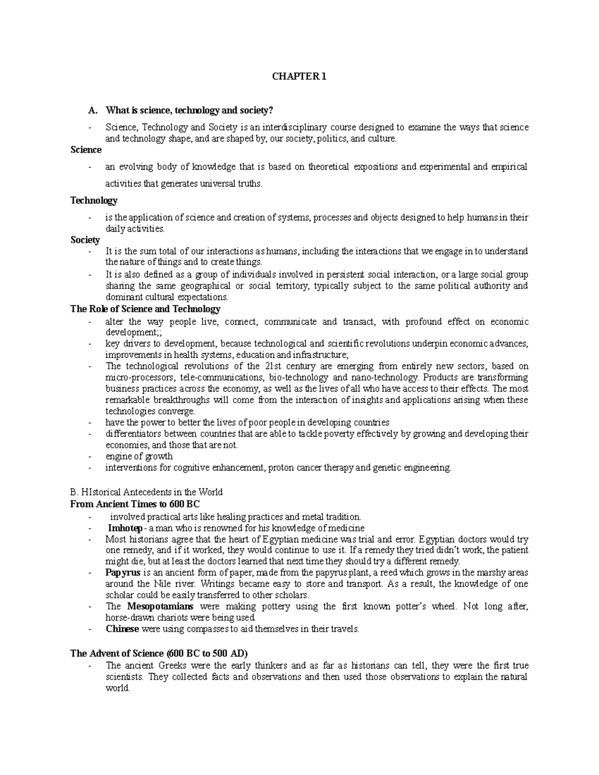 STS Reviewer - N/A - CHAPTER 1 A. What is science, technology and ...