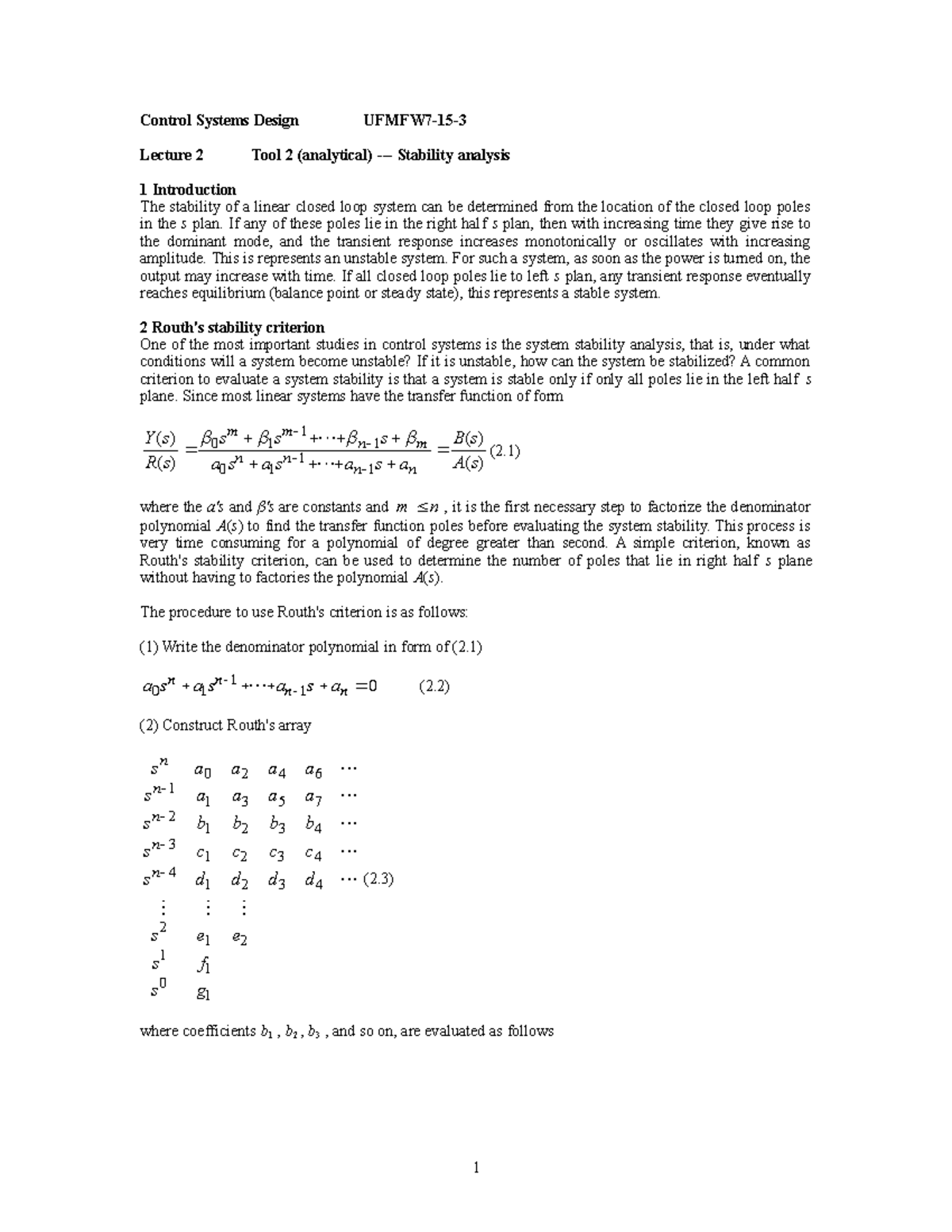 LEC 2 - Stability analysis - Control Systems Design UFMFW7-15- Lecture ...