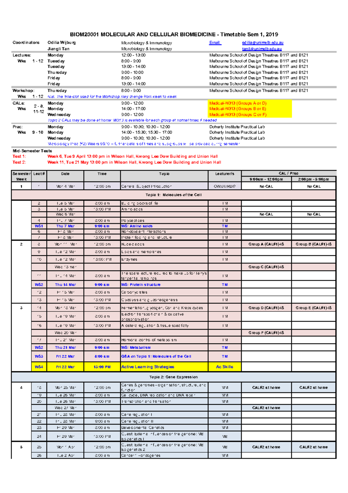 MCB Timetable 2019 - MOLECULAR AND CELLULAR BIOMEDICINE Timetable Sem 1 ...