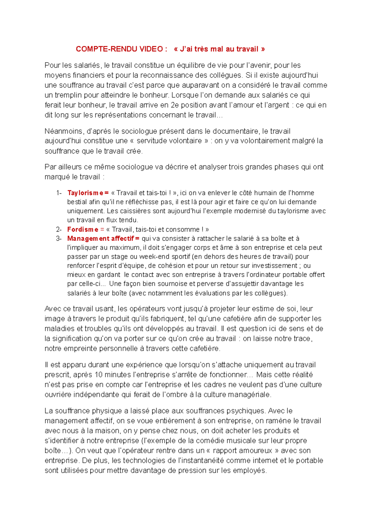 Compte rendu J'ai très mal au travail COMPTERENDU VIDEO « J’ai