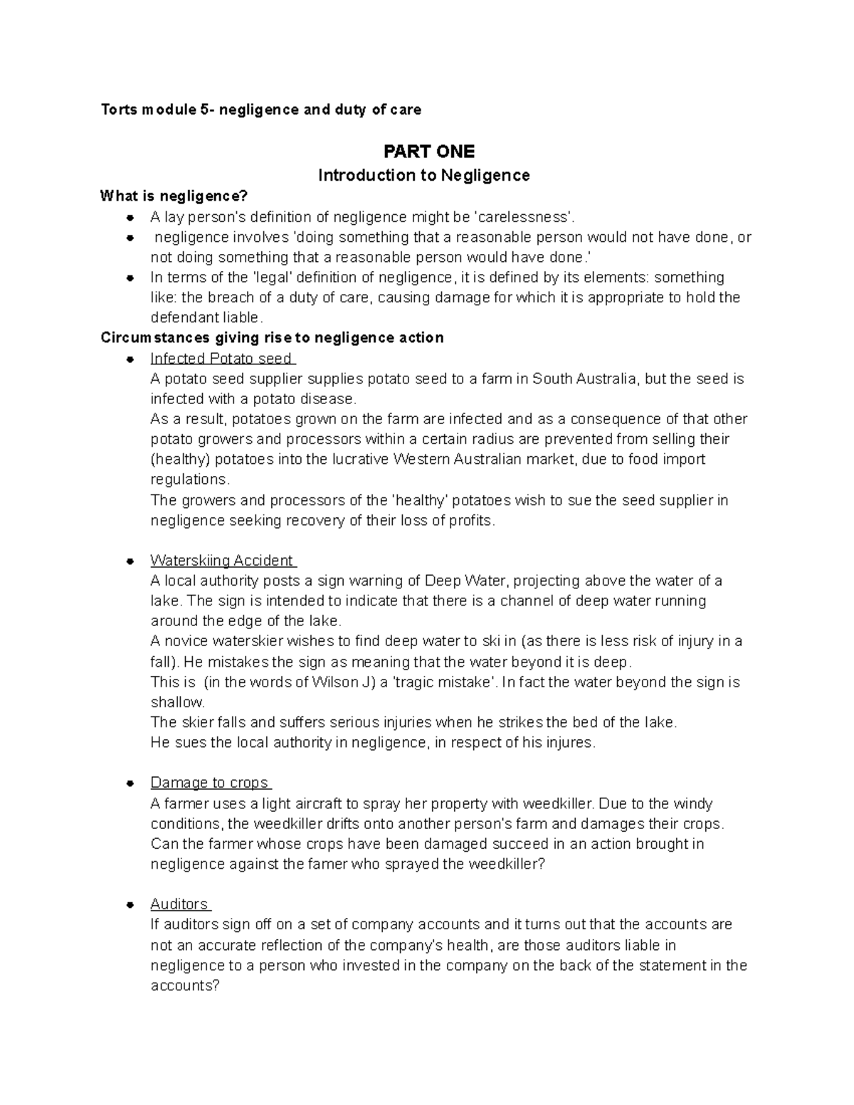 Torts module 5 - Lecture notes 5 - Torts module 5- negligence and duty ...