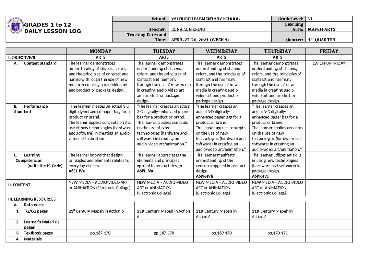 DLL Mapeh-6 Q4 W4 - Week 6 mapeh 4th quarter - GRADES 1 to 12 DAILY ...