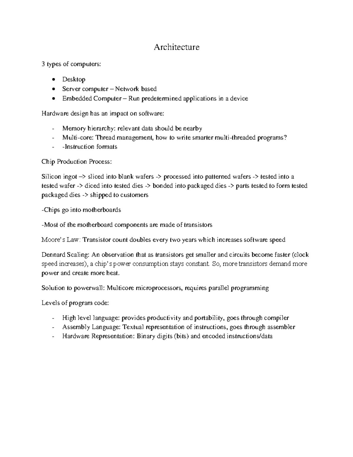 Architecture - summary to the course notes - Architecture 3 types of ...