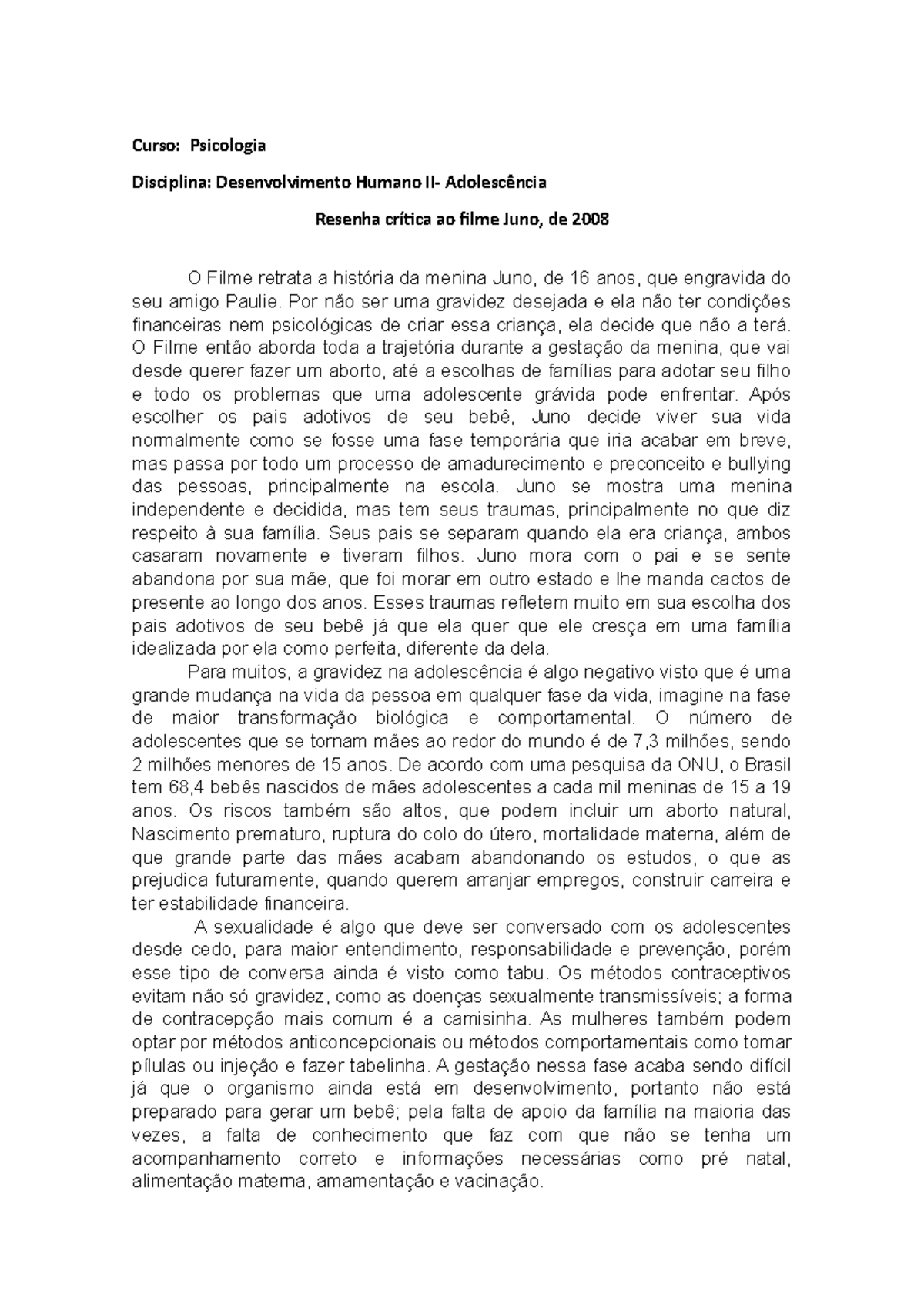 Resenha Filme Juno Dh Ii Curso Psicologia Disciplina Desenvolvimento Humano Ii Adolescencia Studocu