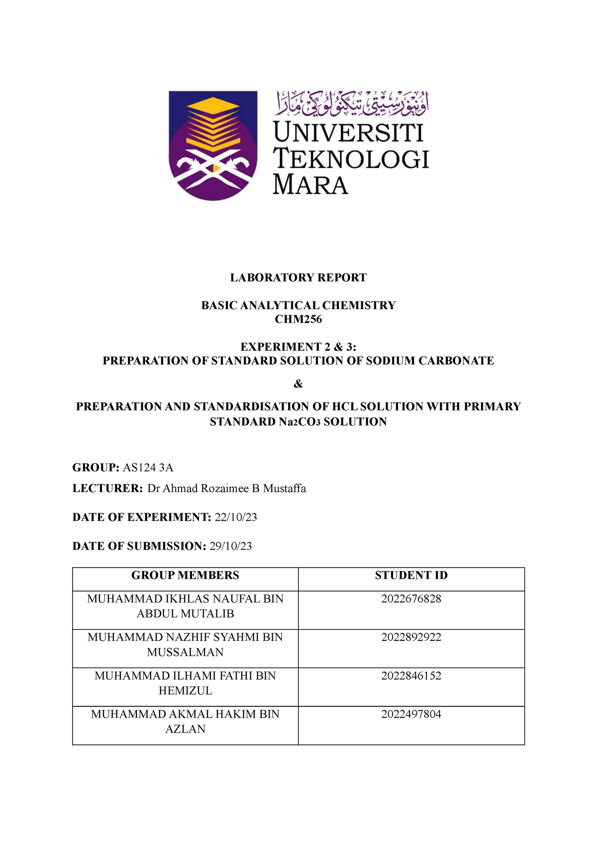 LAB Report CHM256 EXP2 & EXP3 - LABORATORY REPORT BASIC ANALYTICAL ...