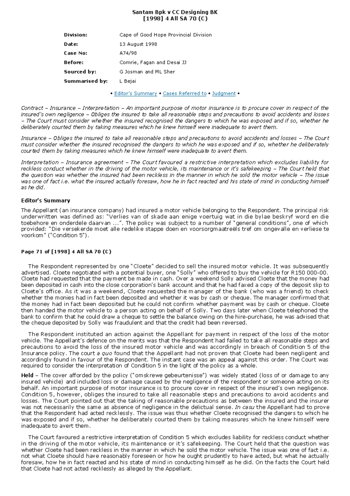 Santam v Designing CC - Forseeability - Santam Bpk v CC Designing BK ...