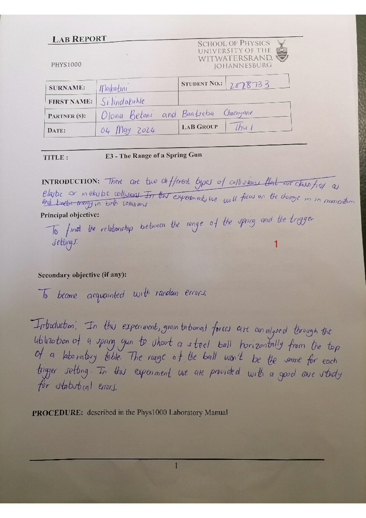 Annotated-Exp - tut - LAB REPORT SCHOOL OF PHYSICS UNIVERSITY OF THE ...