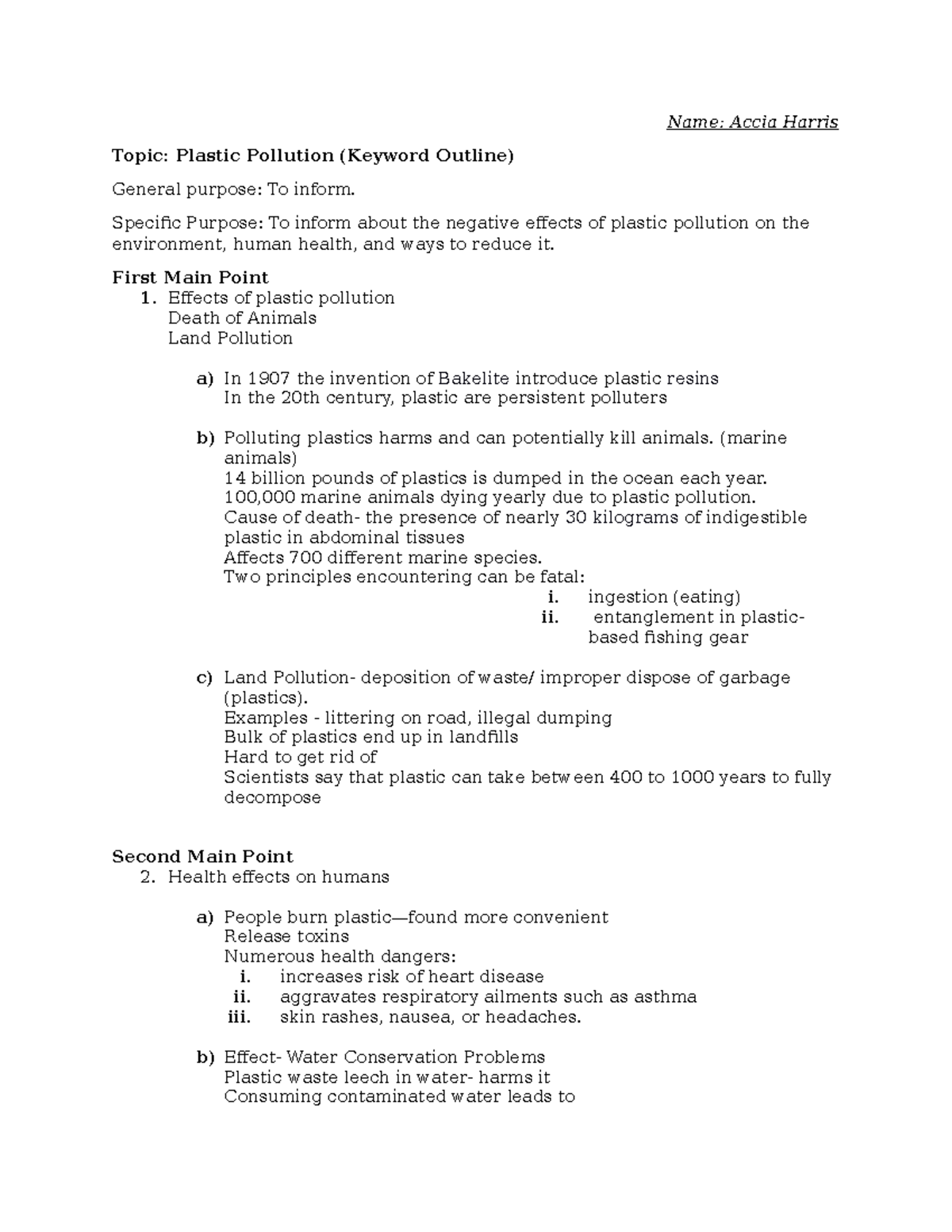 Informative Keyword Outline - Name: Accia Harris Topic: Plastic ...