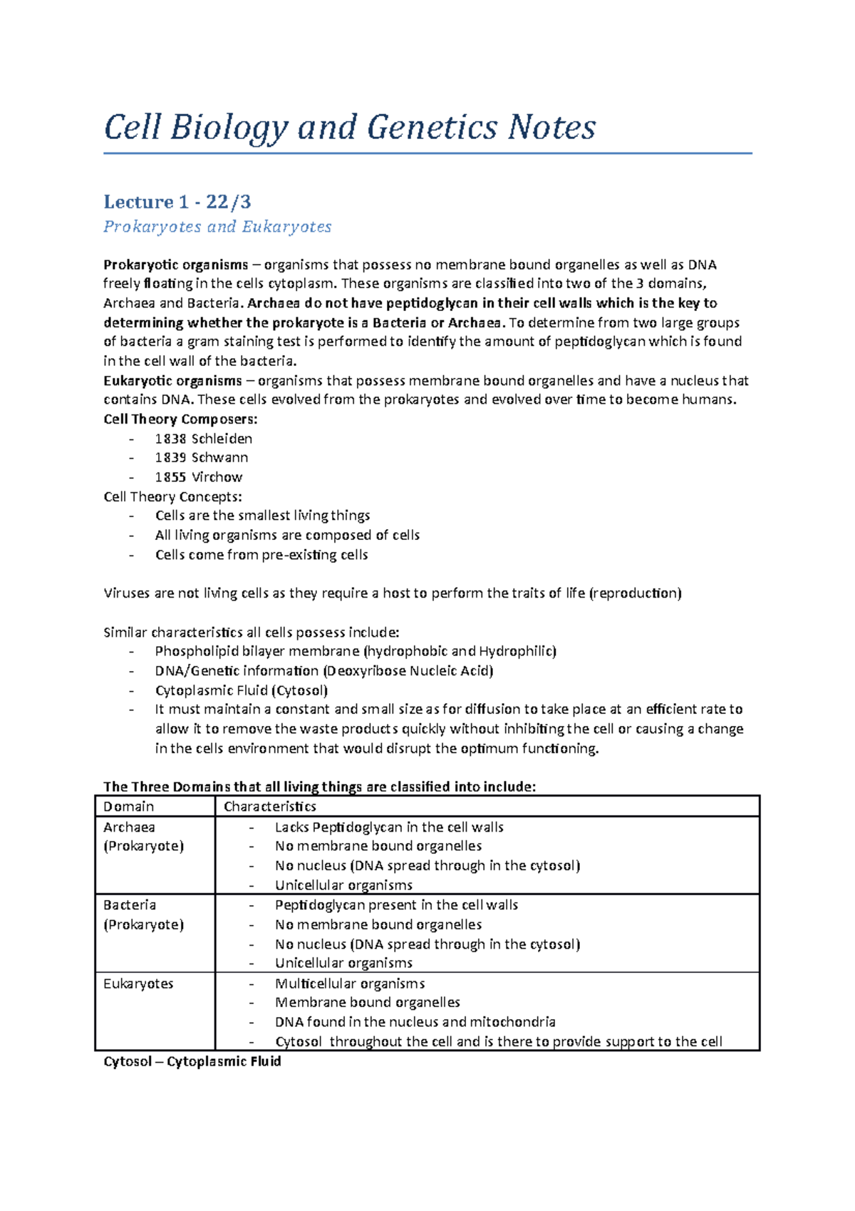 Cell Biology and Genetics Combined Notes - Cell Biology and Genetics ...