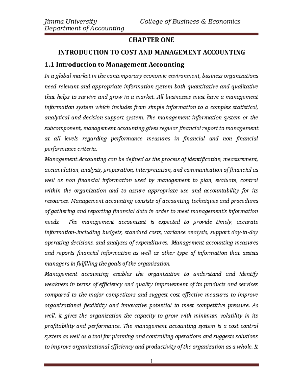 Chapter ONE Introduction TO COST AND Management Accounting - Department ...