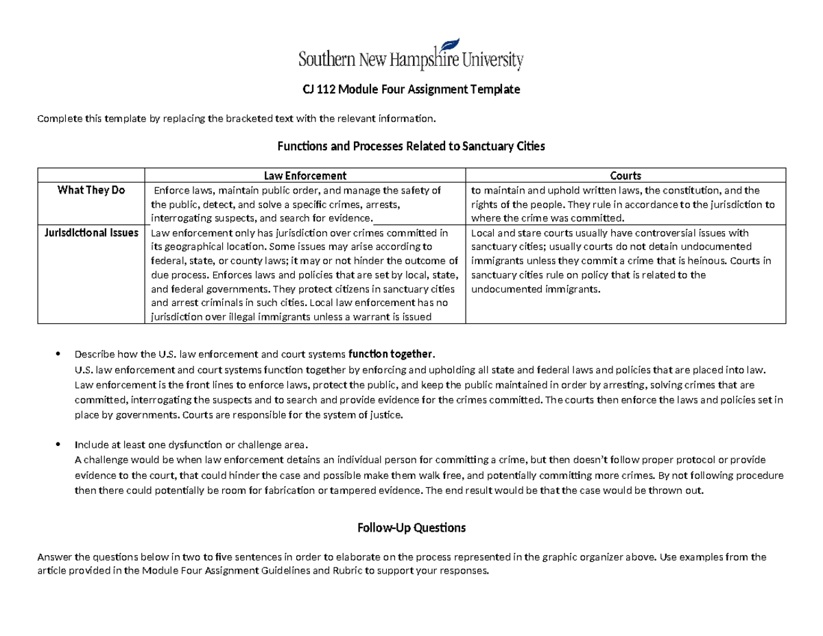 CJ 112 Module Four Assignment - Functions and Processes Related to ...