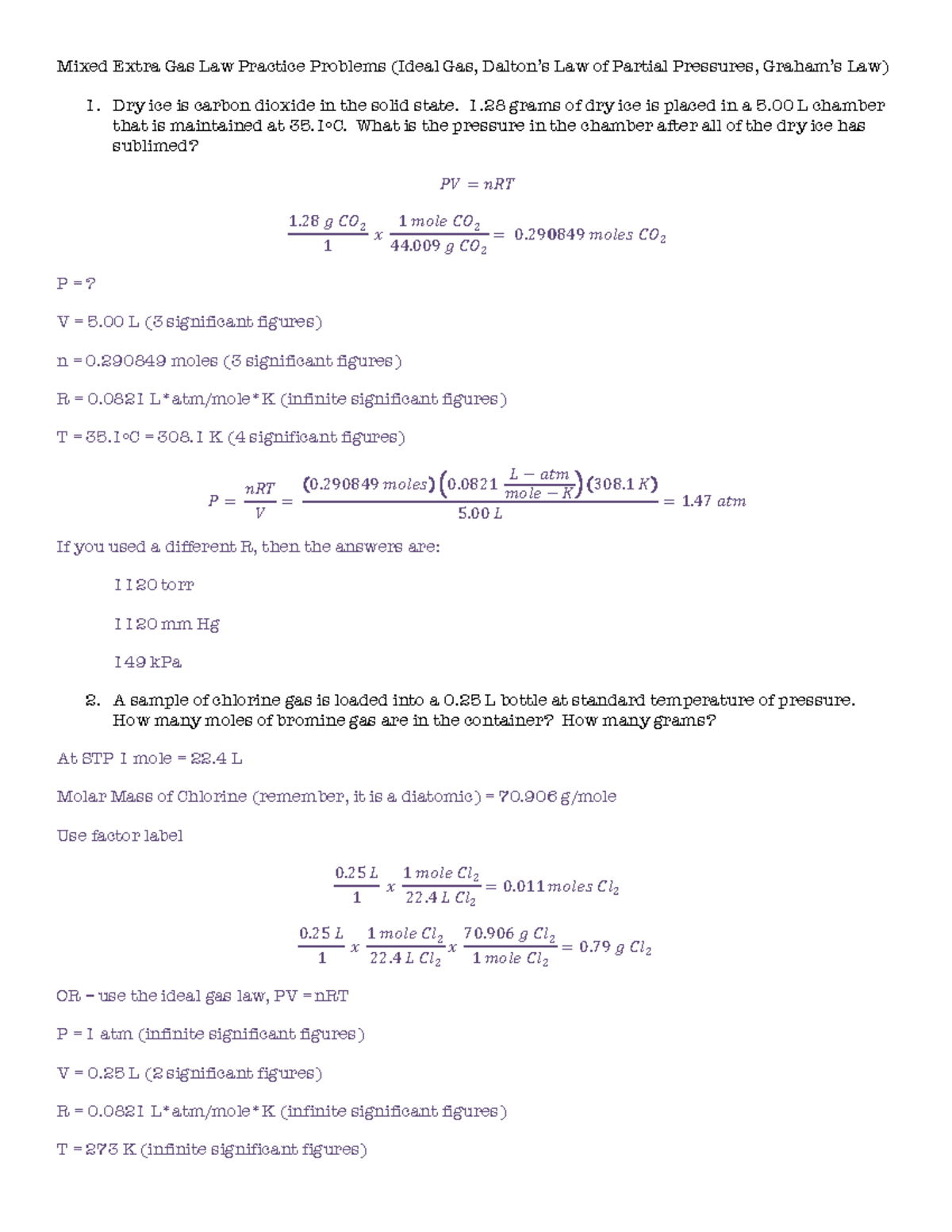 Extra Practice Mixed Gas Law Problems Answers Mixed Extra Gas Law
