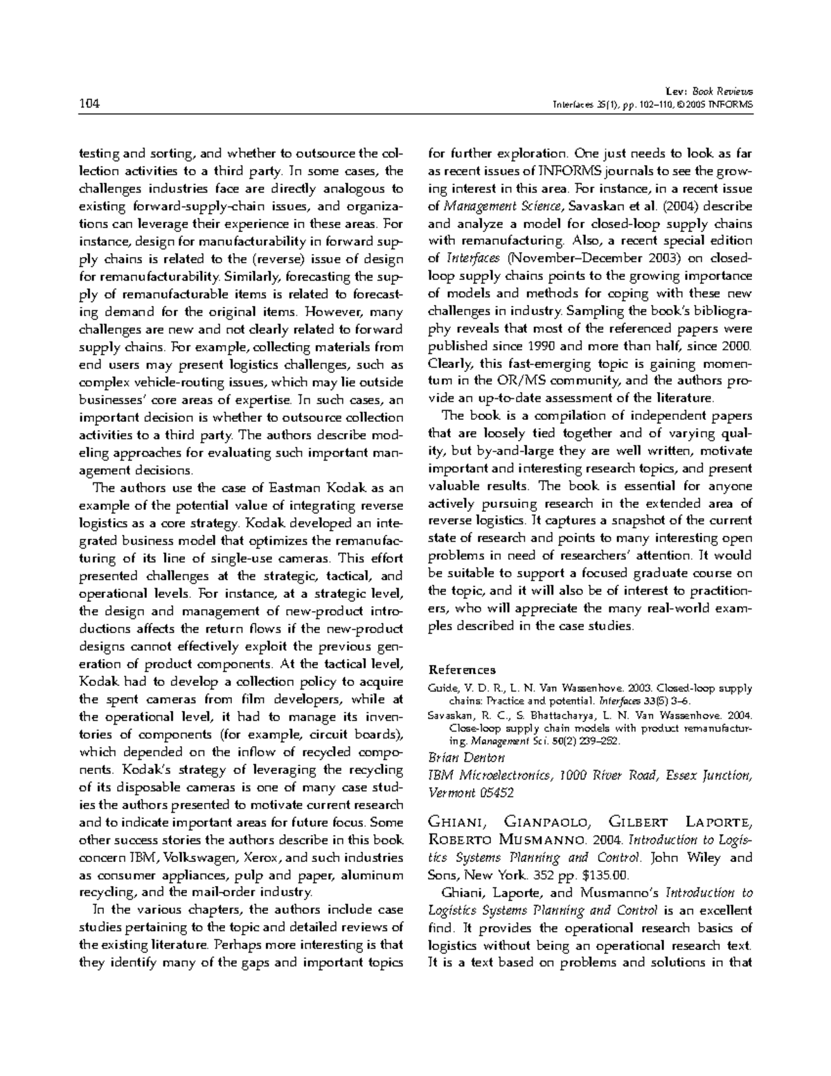 Retrieve Lev Book Reviews 104 Interfaces 35(1), pp. 102110, © 2005