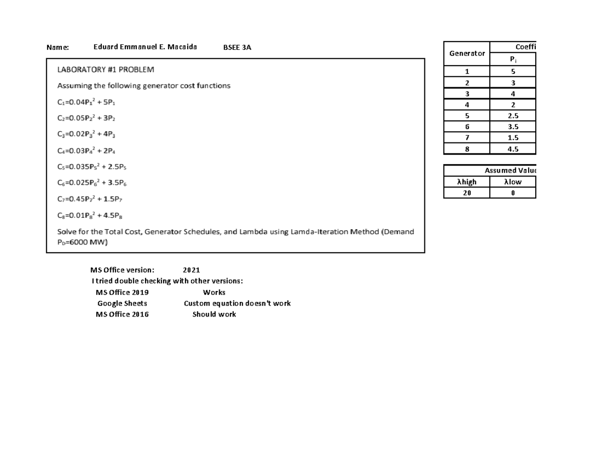 Lab Act 1 - Lambda Iteration Method - Name: BSEE 3A Pi 1 5 2 3 3 4 4 2 ...