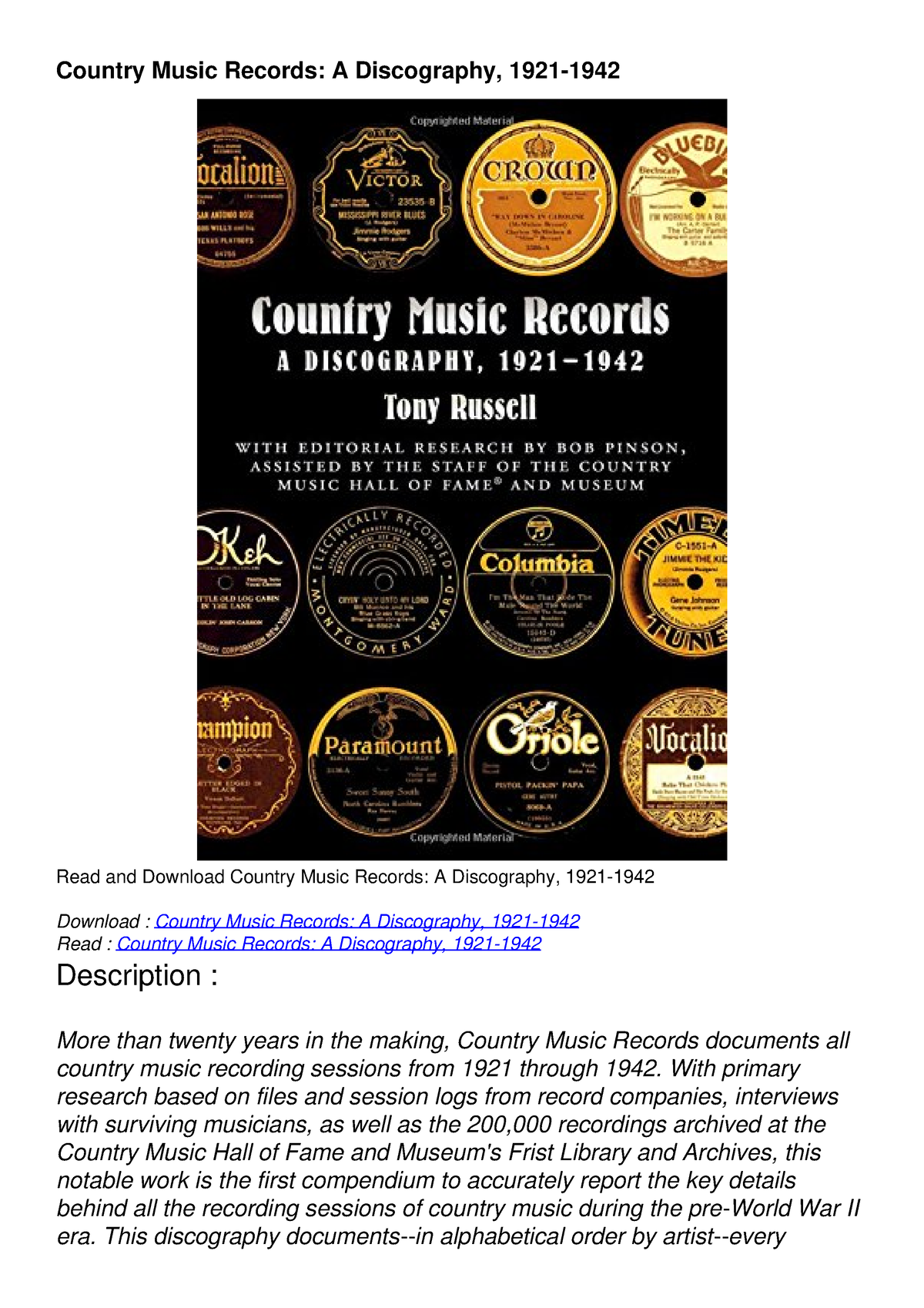 PDF/READ Country Music Records: A Discography, 1921-1942 - Country ...