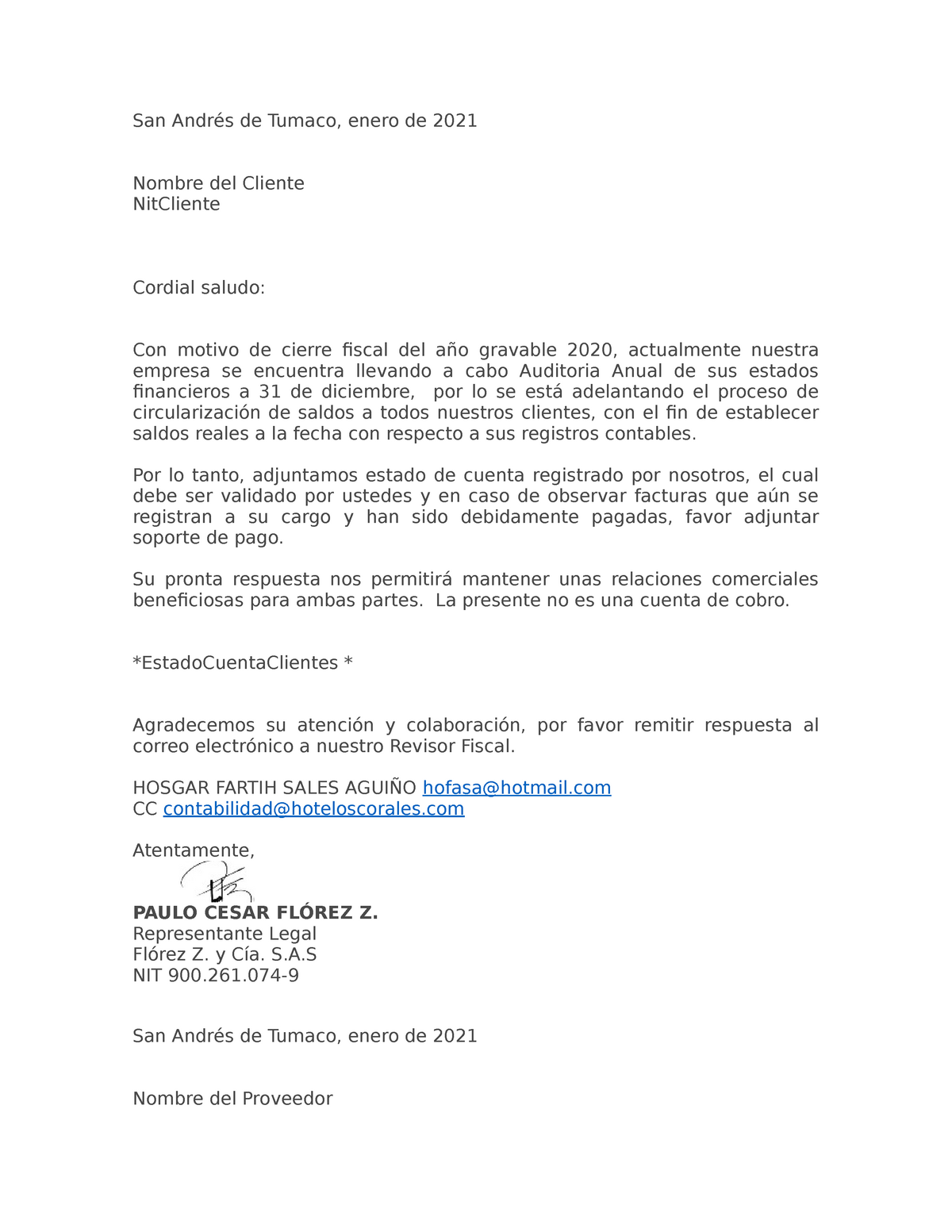 Carta Circularizacion CXC CXP - San Andrés de Tumaco, enero de 2021 Nombre  del Cliente NitCliente - Studocu