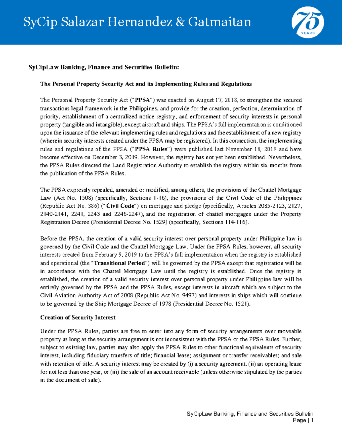 PPSA and PPSA Rules - law - SyCipLaw Banking, Finance and Securities ...
