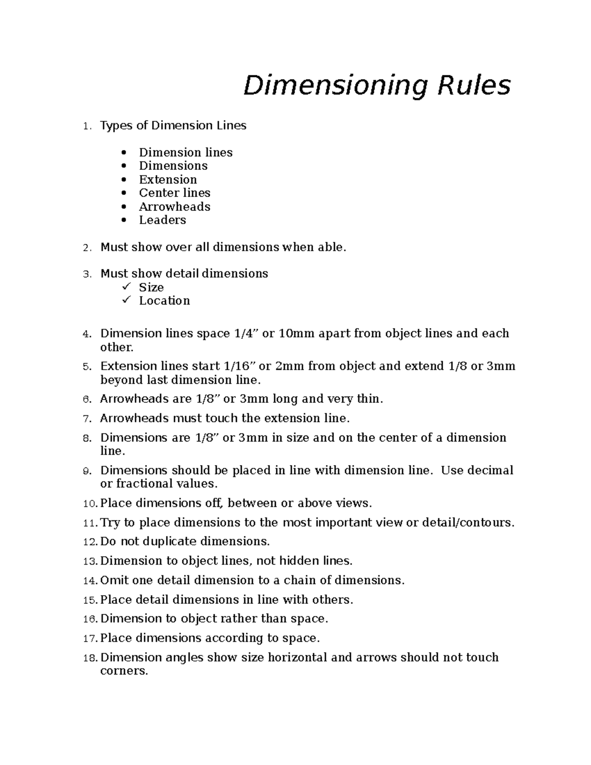Dimensioning+ Rules1 Types of Dimension Lines Dimension lines