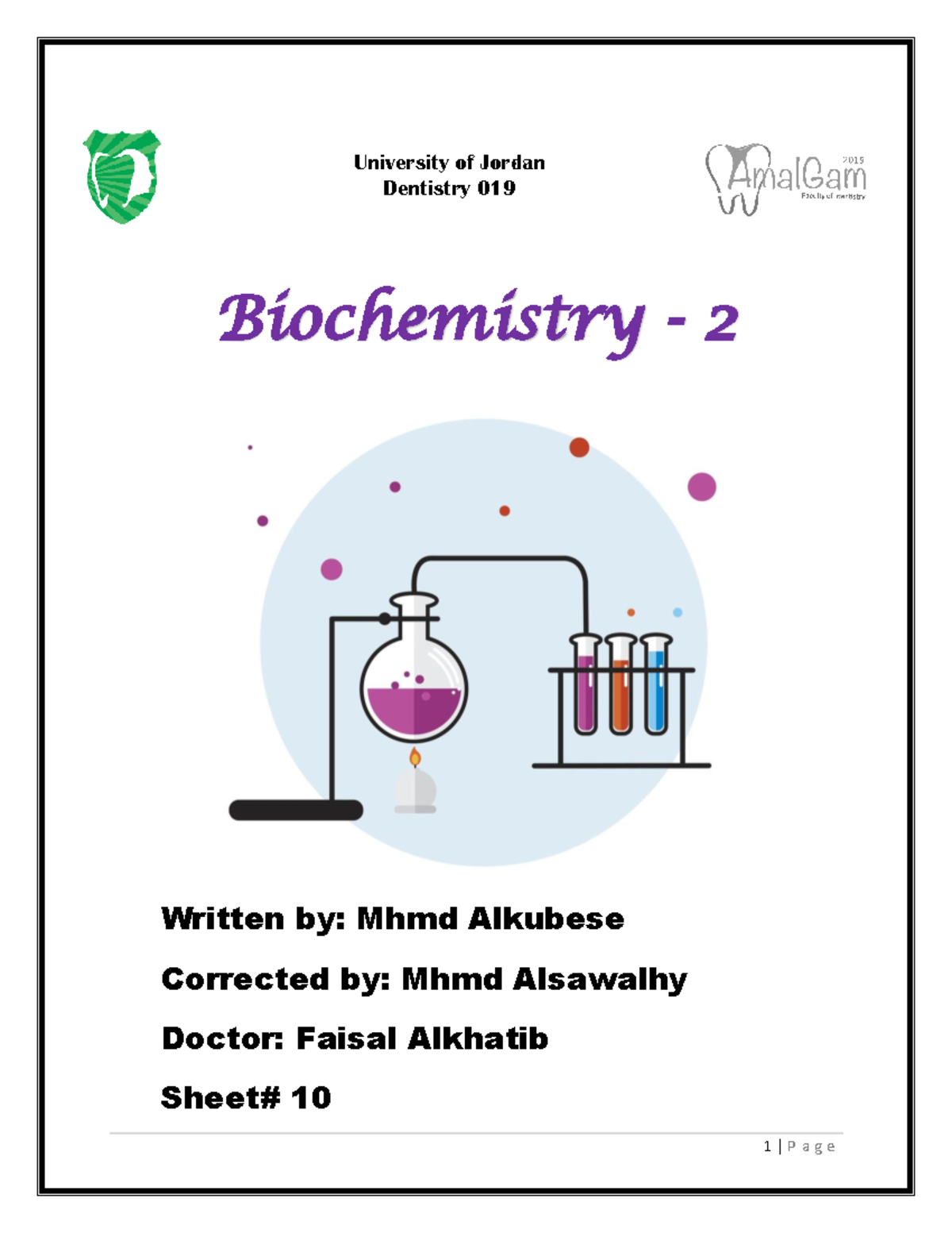 lecture 10 Sheet University of Jordan Dentistry 019 Biochemistry 2