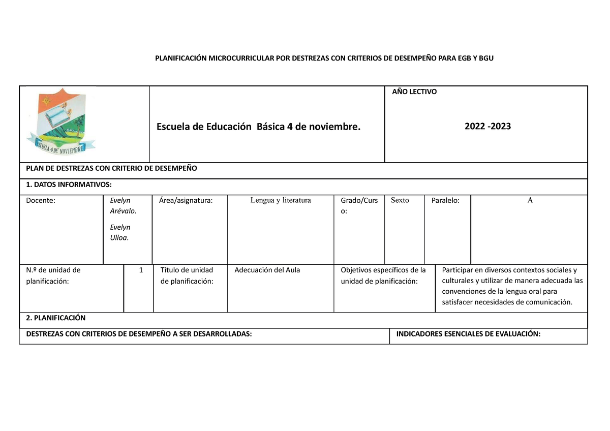 Plani 4 PlanificaciÓn Microcurricular Por Destrezas Con Criterios De DesempeÑo Para Egb Y Bgu 1288