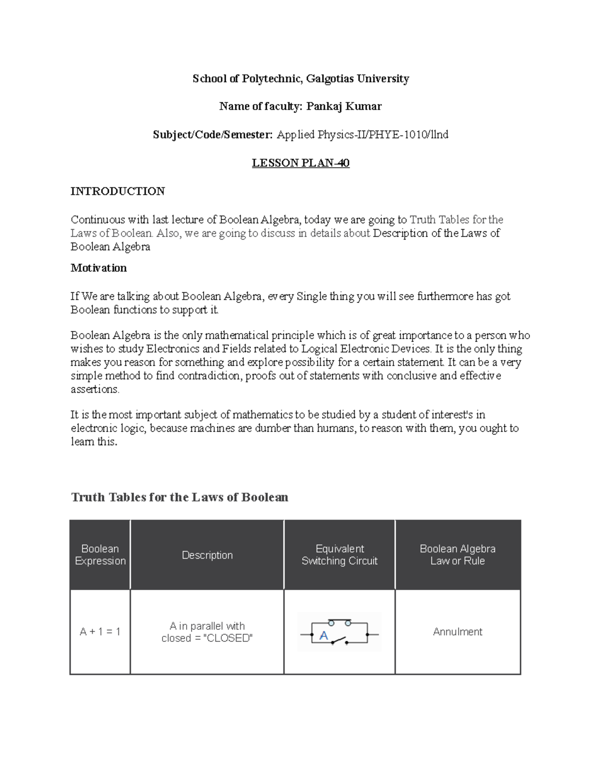 Lesson Plan-40 - Lecture notes 1 - School of Polytechnic, Galgotias ...
