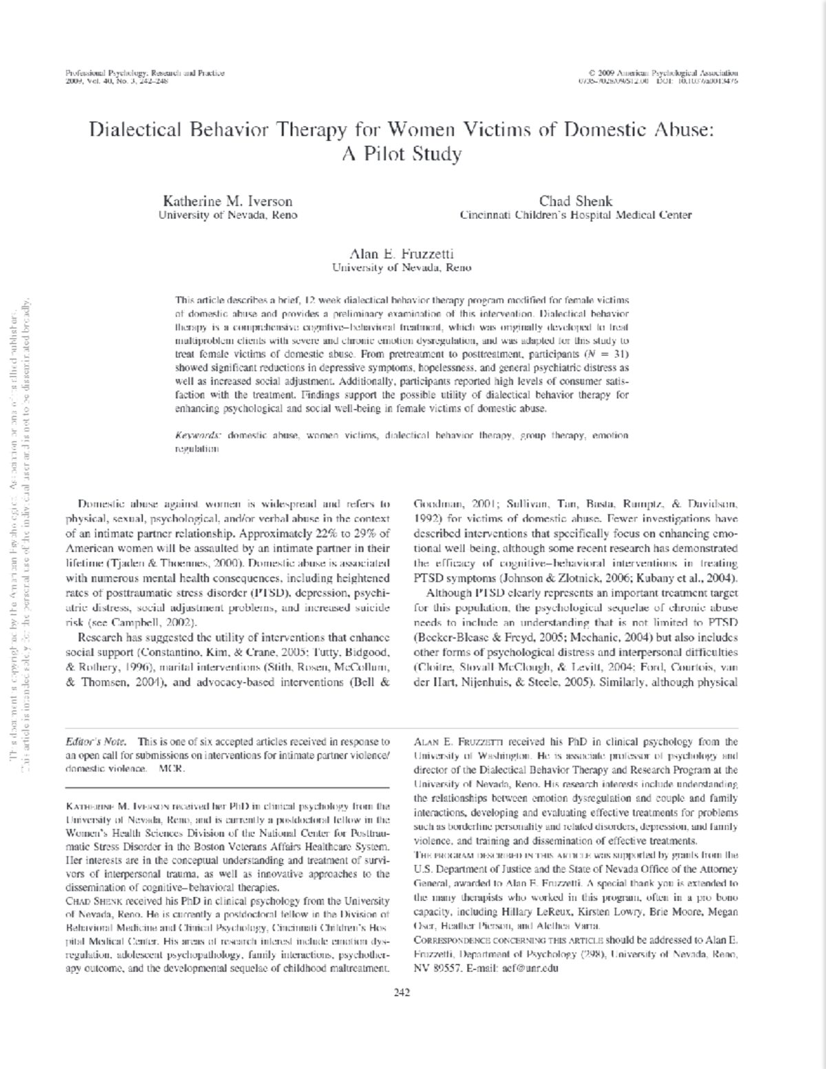 Dialectical behavior therapy for women victims of domestic abuse A ...