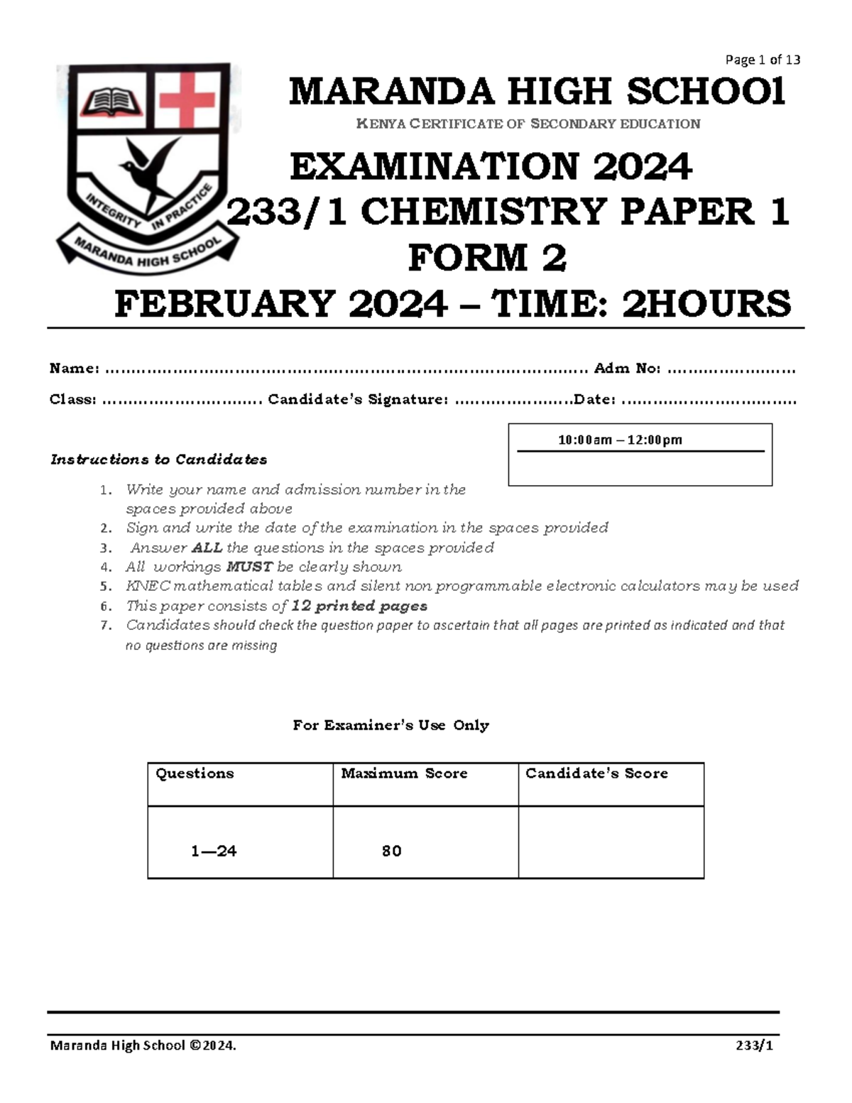 Maranda 2024 examinations - MARANDA HIGH SCHOOl KENYA CERTIFICATE OF ...
